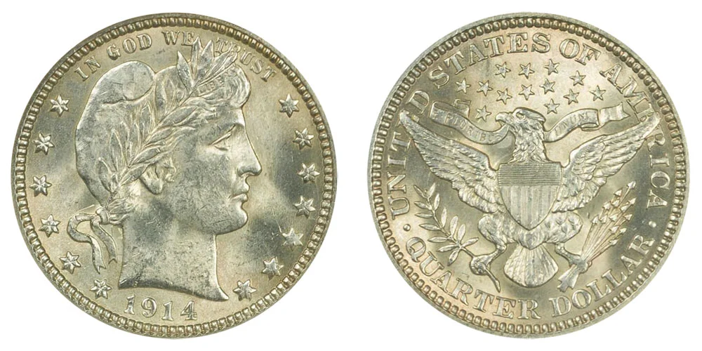 1914 Barber Quarter obverse showing Liberty portrait and reverse showing heraldic eagle