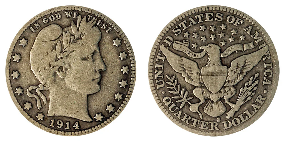 1914 Barber quarter comparison: common Philadelphia coin vs the rare 1914-S San Francisco semi-key date with mint mark highlighted