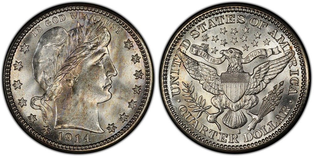 1914-S Barber quarter showing the S mint mark on the reverse between the eagle and QUARTER DOLLAR text