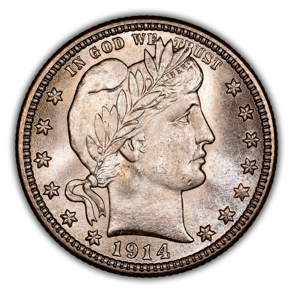 1914-D Barber quarter obverse showing DDO FS-101 doubling on IN GOD WE TRUST lettering and stars under magnification