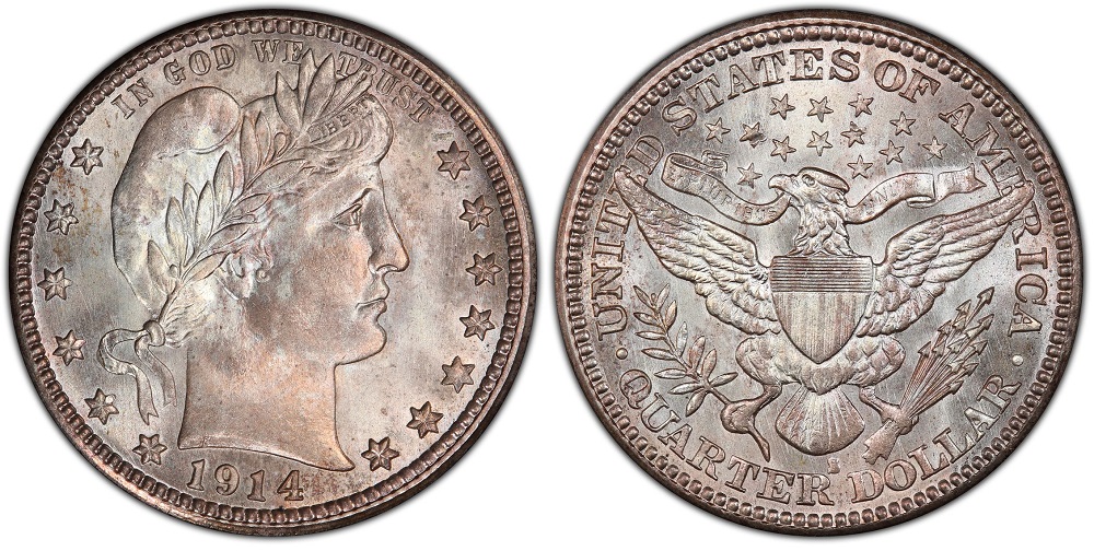 1914-S Barber quarter date area under magnification showing repunched date RPD-S variety with secondary punch visible on the digit 4