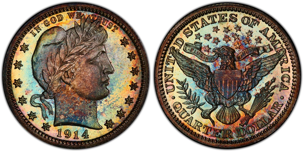 1914 Proof Barber quarter with mirror-like fields and frosted devices showing proof minting characteristics