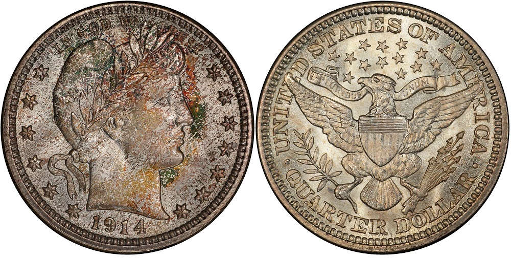 Group of 1914 Barber quarters showing various grades from worn to uncirculated, illustrating survival rates across condition tiers