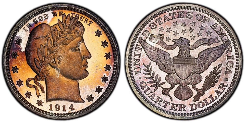 Grading strip showing four 1914 Barber quarters in progressively better condition from Good to Mint State